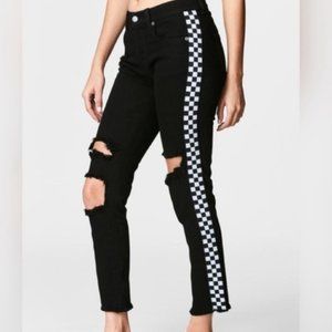 Black CARMAR Jeans with Knee Rips & Checkered Sides